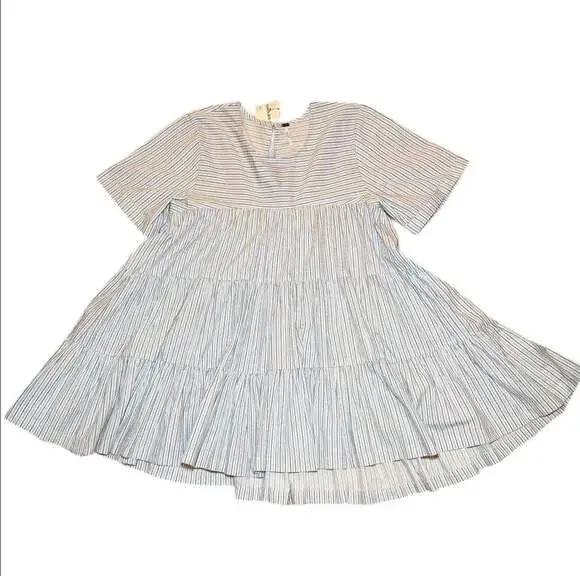 Free People Blue Stripe Babydoll Mini Dress Tiered Short Sleeve Size M NWT - Picture 7 of 8